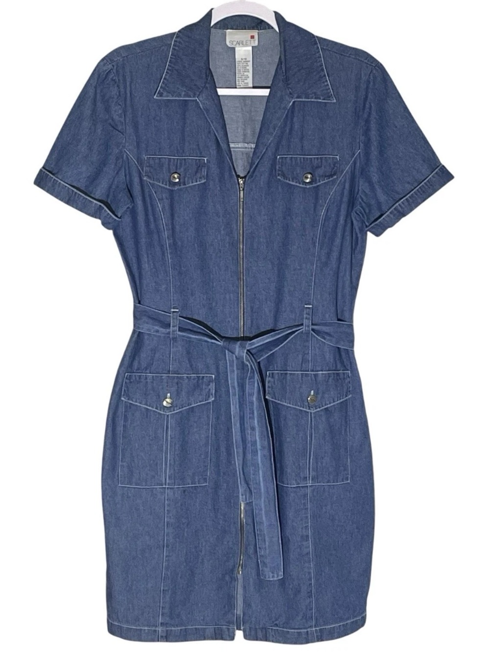 Vintage Denim Jean Dress Short Sleeve Belt Pockets 90’s Y2K size Medium